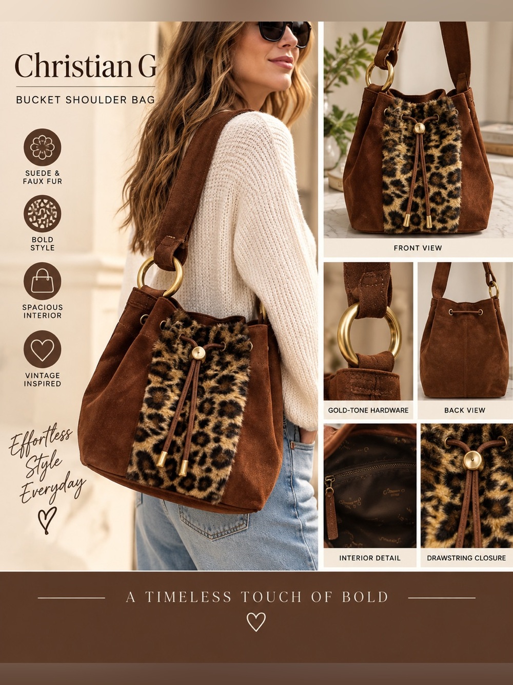 Christian G Suede & Faux Fur Bucket Shoulder Bag – Brown & Leopard Print